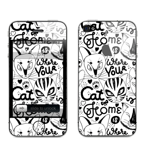 Наклейка на Телефон Apple iPhone 4S, 4 (с яблоком) Твой дом там, где твой кот живет. Белый цвет,  купить в Москве – интернет-магазин Allskins, черно-белое, надписи на английском, надписи, монохромный, белый, черный, кошка, котята