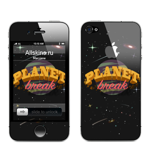 Наклейка на Телефон Apple iPhone 4S, 4 (с яблоком) ПЛАНЕТА БРЕЙК,  купить в Москве – интернет-магазин Allskins, космос, hiphop, break