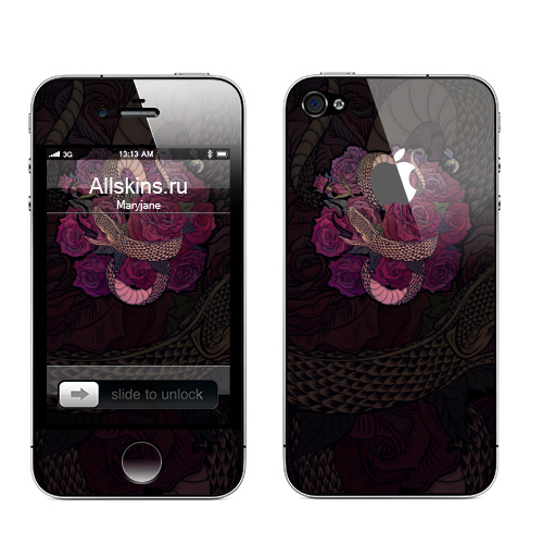 Наклейка на Телефон Apple iPhone 4S, 4 (с яблоком) Змеевич,  купить в Москве – интернет-магазин Allskins, змея, олдскулл, розы, цветы, мужские, готика