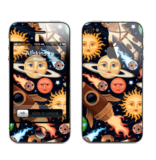 Наклейка на Телефон Apple iPhone 4S, 4 (с яблоком) Ретропланеты,  купить в Москве – интернет-магазин Allskins, космос, паттерн, астрономия, небо, звезда, звездноенебо