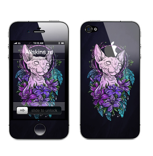 Наклейка на Телефон Apple iPhone 4S, 4 (с яблоком) Сфинкс в лилиях,  купить в Москве – интернет-магазин Allskins, кошка, Сфинкс, цветы, ловецснов, перья, лилии, синий, яркий