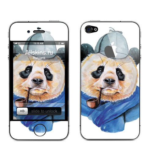 Наклейка на Телефон Apple iPhone 4S, 4 (с яблоком) Шерлок Панда Холмс,  купить в Москве – интернет-магазин Allskins, крутые животные, панда, панды, трубка, шляпа, животные, милые животные