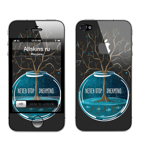 Наклейка на Телефон Apple iPhone 4S, 4 (с яблоком) Не переставай мечтать,  купить в Москве – интернет-магазин Allskins, мечта, синий, бирюзовый, космос, деревья, рыба, вода, гики, растр, галактика