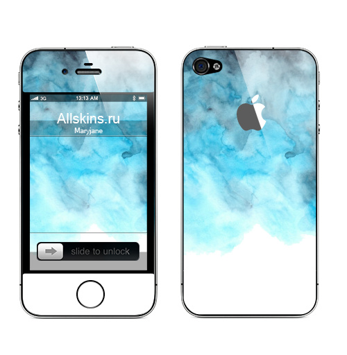 Наклейка на Телефон Apple iPhone 4S, 4 (с яблоком) Акварельная синяя дымка,  купить в Москве – интернет-магазин Allskins, абстракция, белый, синий, размытие, дымок, акварель