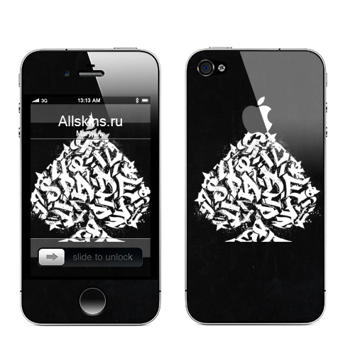 Наклейка на Телефон Apple iPhone 4S, 4 (с яблоком) Spade,  купить в Москве – интернет-магазин Allskins, черно-белое, граффити, черное и белое