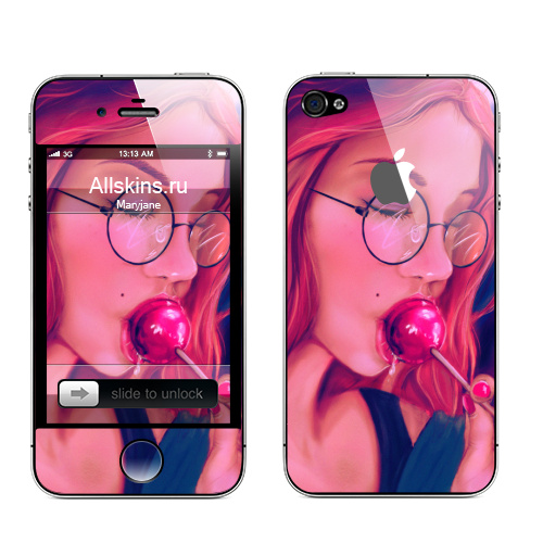 Наклейка на Телефон Apple iPhone 4S, 4 (с яблоком) Девушка с чупачупсом,  купить в Москве – интернет-магазин Allskins, девушка, чупачупс, конфетти, розовый, молодость
