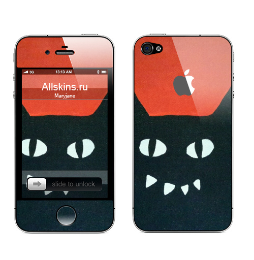 Наклейка на Телефон Apple iPhone 4S, 4 (с яблоком) Черный кот на красном.,  купить в Москве – интернет-магазин Allskins, кошка, животные, Красночерный, черный, черныйкот, красный, Глазищи, зубастый