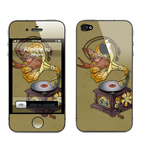 Наклейка на Телефон Apple iPhone 4S, 4 (с яблоком) Граммофон с лобстером.,  купить в Москве – интернет-магазин Allskins, прикол, Рак, животные, стимпанк, графика, ретро, ретрофутуризм, винтаж, механизм, музыка