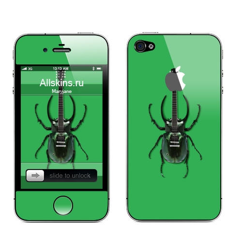 Наклейка на Телефон Apple iPhone 4S, 4 (с яблоком) Музыка насекомых,  купить в Москве – интернет-магазин Allskins, жук, насекомые, гитара, зеленый, музыка, природа, поп-арт, сюрреализм