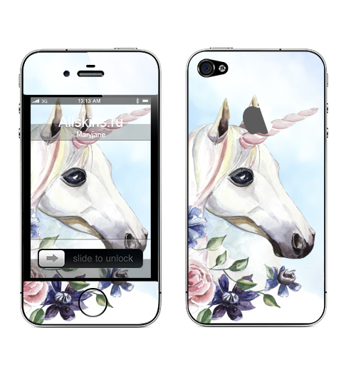 Наклейка на Телефон Apple iPhone 4S, 4 (с яблоком) Единорог в цветах,  купить в Москве – интернет-магазин Allskins, единорог, цветы, акварель, васильки, василек, розовый, голубой, пастельный, лошадь