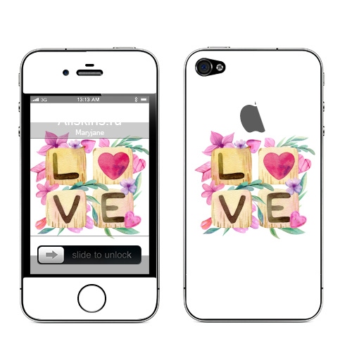 Наклейка на Телефон Apple iPhone 4S, 4 (с яблоком) Любовь в квадрате,  купить в Москве – интернет-магазин Allskins, иллюстация, акварель, розовый, охра, сердце, любовь, день_святого_валентина