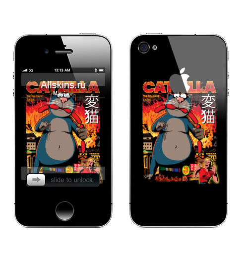 Наклейка на Телефон Apple iPhone 4S, 4 (с яблоком) КОТЗИЛЛА,  купить в Москве – интернет-магазин Allskins, годзилла, кино, персонажи, котята, кошка, ужасный, пародия, прикол, приключения