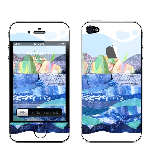 Наклейка на Телефон Apple iPhone 4S, 4 (с яблоком) Коллаж с пейзажем, озеро и скалы,  купить в Москве – интернет-магазин Allskins, коллаж, радость, круто, детские, школьный, озеро, природа, синий, бумага, голуой