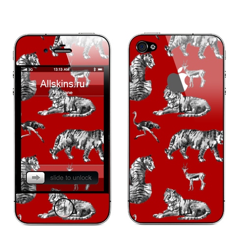 Наклейка на Телефон Apple iPhone 4S, 4 (с яблоком) Тигры на красном,  купить в Москве – интернет-магазин Allskins, зверушки, африка, Саванна, антилопа, дикая, природа, фауна, хищник, добыча