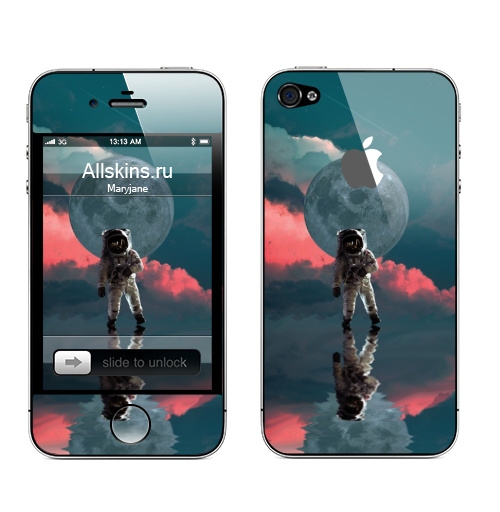 Наклейка на Телефон Apple iPhone 4S, 4 (с яблоком) Я один,  купить в Москве – интернет-магазин Allskins, космос, космонавтика, одиночество, луна, небо