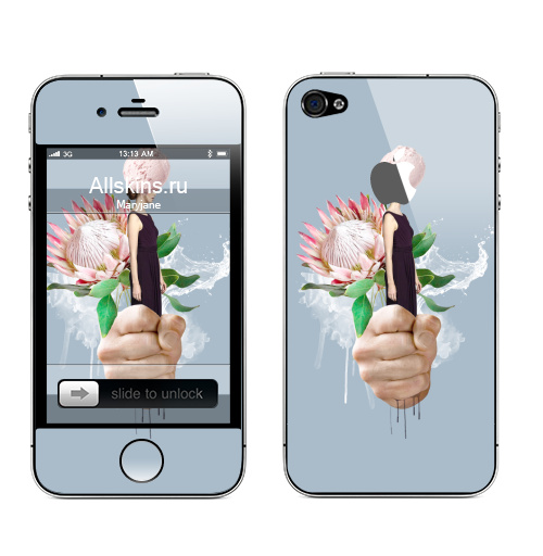 Наклейка на Телефон Apple iPhone 4S, 4 (с яблоком) Пастельный букет,  купить в Москве – интернет-магазин Allskins, букет, цветы, девушка, мороженое, акварель, белый, вода, нежно, пастельный, психоделичный
