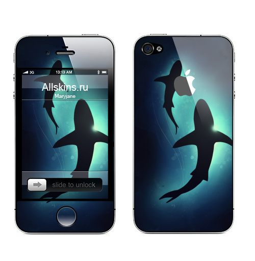 Наклейка на Телефон Apple iPhone 4S, 4 (с яблоком) Черные акулы,  купить в Москве – интернет-магазин Allskins, брызги, акварель, иллюстация, паттерн, солнце, вода, оекан, морская, рыба, акула