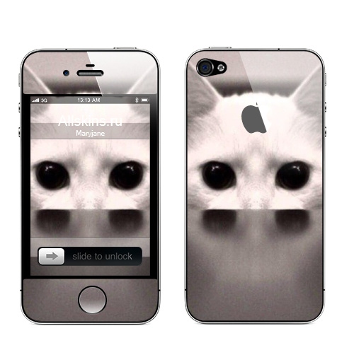 Наклейка на Телефон Apple iPhone 4S, 4 (с яблоком) Сквозь...,  купить в Москве – интернет-магазин Allskins, черно-белый, киса, кошка, глаз, фотография