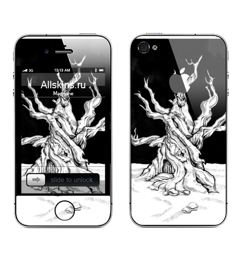 Наклейка на Телефон Apple iPhone 4S, 4 (с яблоком) Старое дерево с дверью и ветками черно-белое,  купить в Москве – интернет-магазин Allskins, лес, ветка, черно-белое, графика, гравюра, дверь, черный_фон