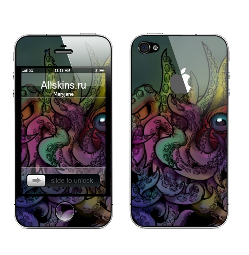 Наклейка на Телефон Apple iPhone 4S, 4 (с яблоком) Осьминожка играет в прятки,  купить в Москве – интернет-магазин Allskins, осьминог, животное, морская, щупальца, прячется, маскируется, маскировка, сочный, цвет, радужный, моллюск, подводный, плавает, под водой, аква, аквариум, детские, взрослым, тентакли, присоски