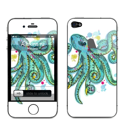 Наклейка на Телефон Apple iPhone 4S, 4 (с яблоком) Бирюзовый осьминог,  купить в Москве – интернет-магазин Allskins, классика, осьминог, бирюзовый, графика, щупальца, морская