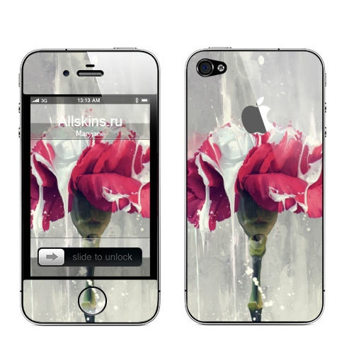 Наклейка на Телефон Apple iPhone 4S, 4 (с яблоком) Цветок в краске,  купить в Москве – интернет-магазин Allskins, Цветочек, красный, графика, рисунки, природа, краски, брызги, пятна, акварель, стебель, бутон, дизайнерская, мягкая, концепт, стильное, белый, лепестки, декоративный, мазки