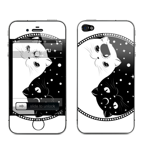 Наклейка на Телефон Apple iPhone 4S, 4 (с яблоком) Инь янь котик черный и котик белый,  купить в Москве – интернет-магазин Allskins, инь янь, котаны, кошка, черно-белое, ночь, день, полумесяц, звезда, мультяшная, минимализм, абстракция, белый кот, черный кот, символ
