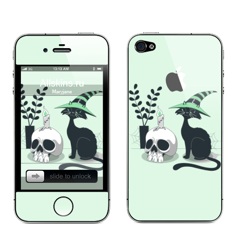 Наклейка на Телефон Apple iPhone 4S, 4 (с яблоком) Черная чародейка,  купить в Москве – интернет-магазин Allskins, классика, кошка, черныйкот, чародейка, магия