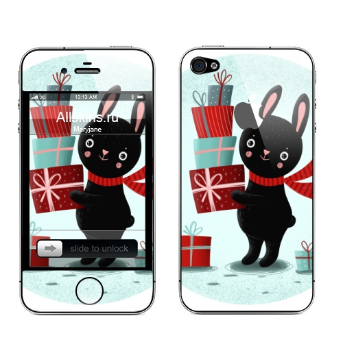 Наклейка на Телефон Apple iPhone 4S, 4 (с яблоком) Черный кролик с подарками,  купить в Москве – интернет-магазин Allskins, кролики, заяц, читатель, новый год, символ, черный, красный, бирюзовый, символ_года, подарки