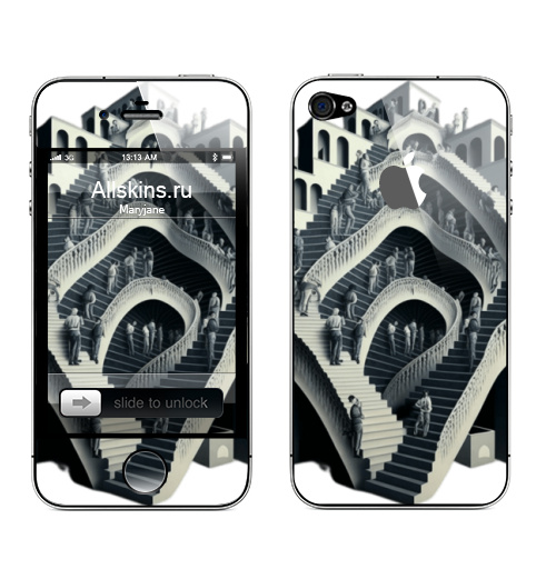 Наклейка на Телефон Apple iPhone 4S, 4 (с яблоком) Трэш Тор МАК Эшер оптическая иллюзия много лестниц люди идут кто куда,  купить в Москве – интернет-магазин Allskins, сюрреализм, оптическая, иллюзия, лестница, читатель, мусор