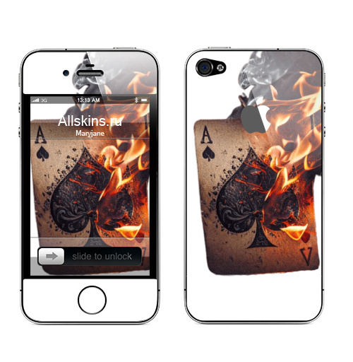 Наклейка на Телефон Apple iPhone 4S, 4 (с яблоком) Кинематографический снимок горящей игральной карты,  купить в Москве – интернет-магазин Allskins, карты, читатель, пика, туз, горящая