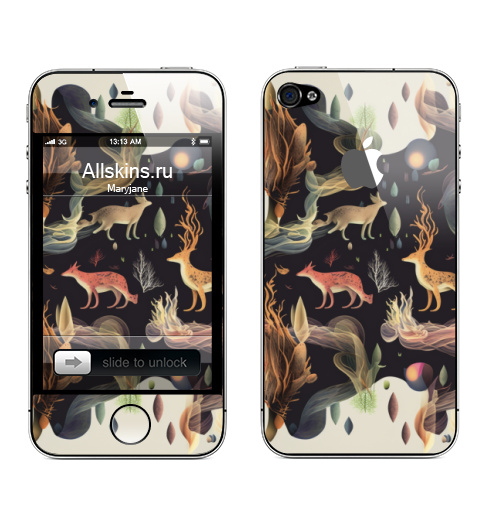 Наклейка на Телефон Apple iPhone 4S, 4 (с яблоком) Волшебные олени,  купить в Москве – интернет-магазин Allskins, абстракия, олень