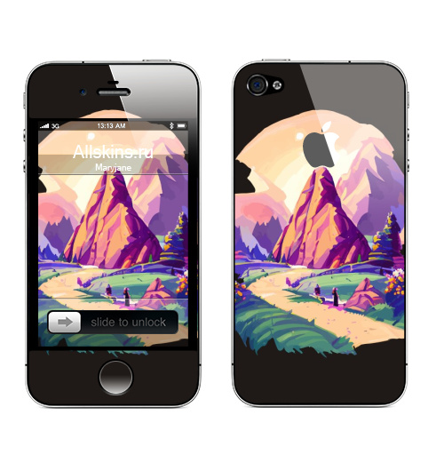Наклейка на Телефон Apple iPhone 4S, 4 (с яблоком) Летний горный пейзаж,  купить в Москве – интернет-магазин Allskins, поп-арт, читатель, лето, путешествия, яркий, модный, стильно, молодежный, бежевый, зеленый, фиолетовый, природный, горы, хиппи
