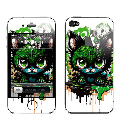 Наклейка на Телефон Apple iPhone 4S, 4 (с яблоком) Кошка в красках,  купить в Москве – интернет-магазин Allskins, стритарт, кошка, граффити, краски, акварель