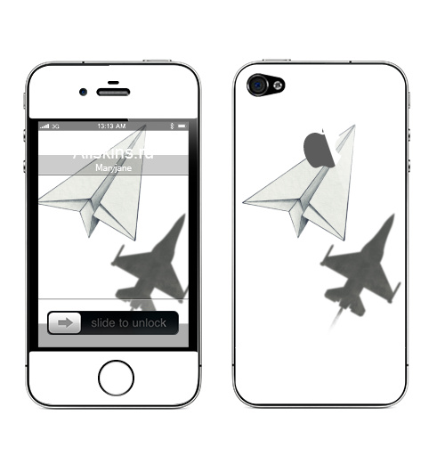 Наклейка на Телефон Apple iPhone 4S, 4 (с яблоком) Тень самолета,  купить в Москве – интернет-магазин Allskins, военные, дизайнер, идея, техника, небо, бумага, концепт, скорость, мечта, полёт, бумажный, набросок, карандаш, иллюстрации, тень, самолет
