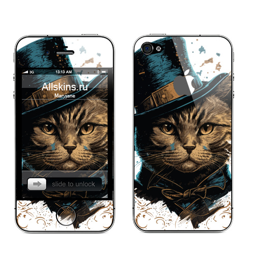 Наклейка на Телефон Apple iPhone 4S, 4 (с яблоком) Кот в цилиндре,  купить в Москве – интернет-магазин Allskins, поп-арт, котята, котопринт, популярный, шляпа, искусство