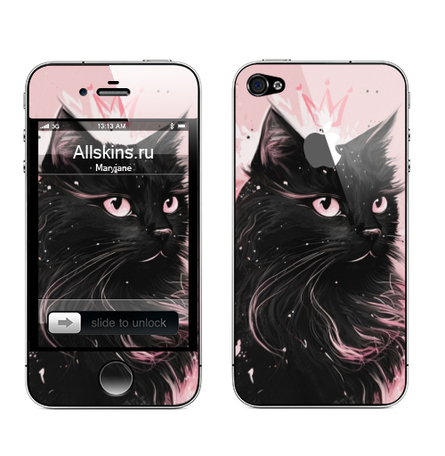 Наклейка на Телефон Apple iPhone 4S, 4 (с яблоком) Властительница мурлыканья,  купить в Москве – интернет-магазин Allskins, сарказм, кошка, корона, королева, черный, кота, пушистая, розовый