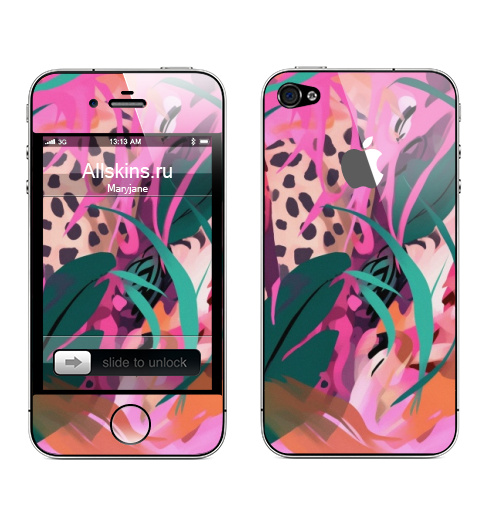Наклейка на Телефон Apple iPhone 4S, 4 (с яблоком) Дикая природа в тропическом лесу,  купить в Москве – интернет-магазин Allskins, поп-арт, природа, леопард, тропические, тропики, растение, розовый, зеленый, леопардовый, оранжевый, живописный, абстракция