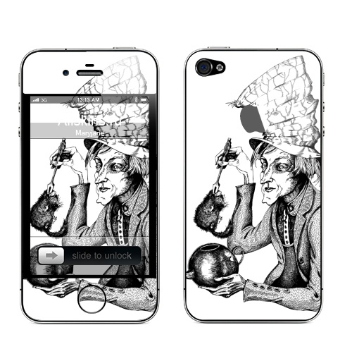 Наклейка на Телефон Apple iPhone 4S, 4 (с яблоком) Сможет ли Соня жить в чайнике?,  купить в Москве – интернет-магазин Allskins, Алиса в стране чудес, графика, шляпа, чай и кофе