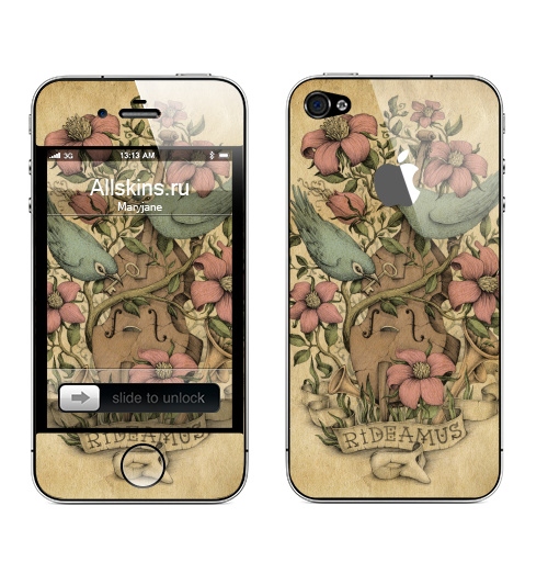 Наклейка на Телефон Apple iPhone 4S, 4 (с яблоком) Rideamus,  купить в Москве – интернет-магазин Allskins, милые животные, 300 Лучших работ, цветы, птицы, текстура, контрабас, женские