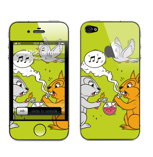 Наклейка на Телефон Apple iPhone 4S, 4 (с яблоком) Funny friends,  купить в Москве – интернет-магазин Allskins, заяц, белка, дружба, дым, кальян, ноты, птицы