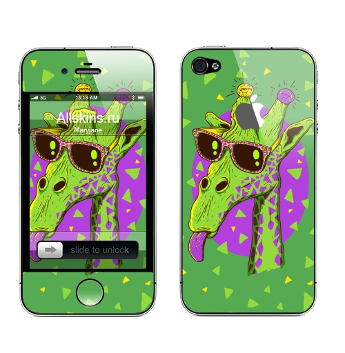 Наклейка на Телефон Apple iPhone 4S, 4 (с яблоком) Жирафео,  купить в Москве – интернет-магазин Allskins, фиолетовый, животные, лампа, лето, очки, хипстер, Эцилопп, зеленый, 300 Лучших работ, милые животные