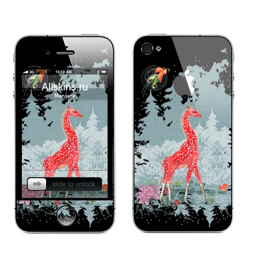 Наклейка на Телефон Apple iPhone 4S, 4 (с яблоком) Жираф-мухомор в зимнем лесу,  купить в Москве – интернет-магазин Allskins, детские, животные, красный, лес, ночь, природа, сказки, грибы, прикольные_рисунки, милые животные, жираф, серый, новогоднеенастроение, снег
