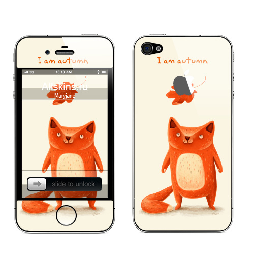 Наклейка на Телефон Apple iPhone 4S, 4 (с яблоком) Я — осень,  купить в Москве – интернет-магазин Allskins, крутые животные, осень, оранжевый, лиса, животные, детские, милые животные