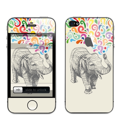 Наклейка на Телефон Apple iPhone 4S, 4 (с яблоком) Слон,  купить в Москве – интернет-магазин Allskins, 300 Лучших работ, животные, графика, брызги, слоны, разноцветное, фонтан