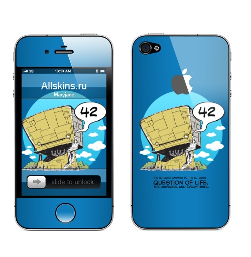 Наклейка на Телефон Apple iPhone 4S, 4 (с яблоком) 42 v2,  купить в Москве – интернет-магазин Allskins, робот, путешествия, галлактика, автостоп, дуглас, адамс