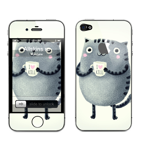 Наклейка на Телефон Apple iPhone 4S, 4 (с яблоком) Кот I love to kill,  купить в Москве – интернет-магазин Allskins, серый, чай и кофе, уют, убийство, кошка, любовь, новый год, розовый, 300 Лучших работ, крутые животные