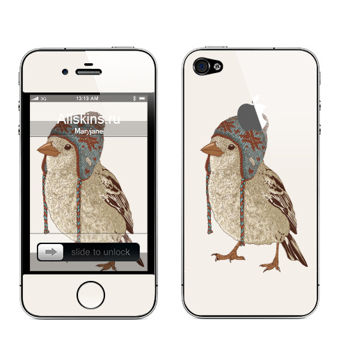 Наклейка на Телефон Apple iPhone 4S, 4 (с яблоком) Птица в шапке,  купить в Москве – интернет-магазин Allskins, 300 Лучших работ, пипстер, шапка, птицы, зима, новый год, коричневый, крутые животные