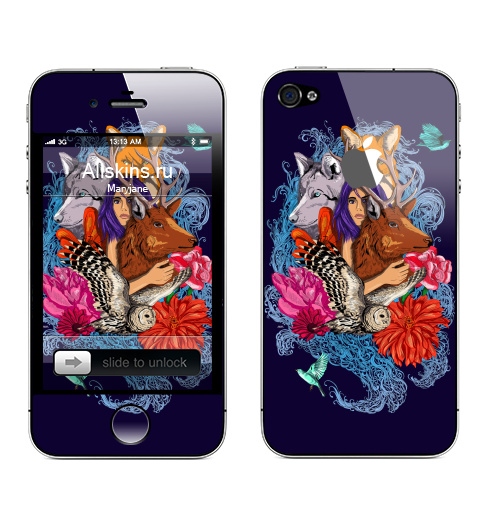 Наклейка на Телефон Apple iPhone 4S, 4 (с яблоком) Dear deer,  купить в Москве – интернет-магазин Allskins, животные, лиса, графика, волк, девушка, лес, олень, птицы, собаки