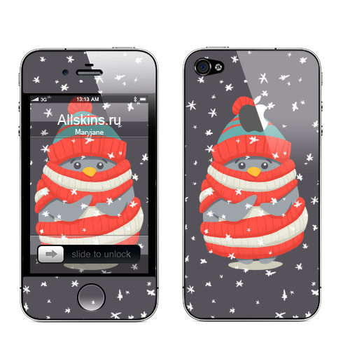 Наклейка на Телефон Apple iPhone 4S, 4 (с яблоком) Пингвин в шарфе и шапке,  купить в Москве – интернет-магазин Allskins, новый год, зима, лес, пингвин, снег, шапка, шарф, замерз